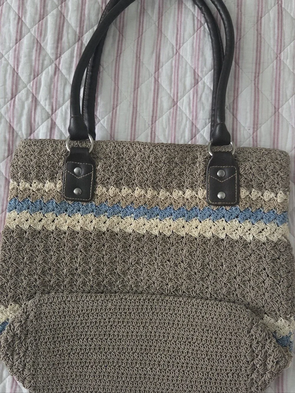 Woven Crochet Tote Bag with Blue & Cream Stripes